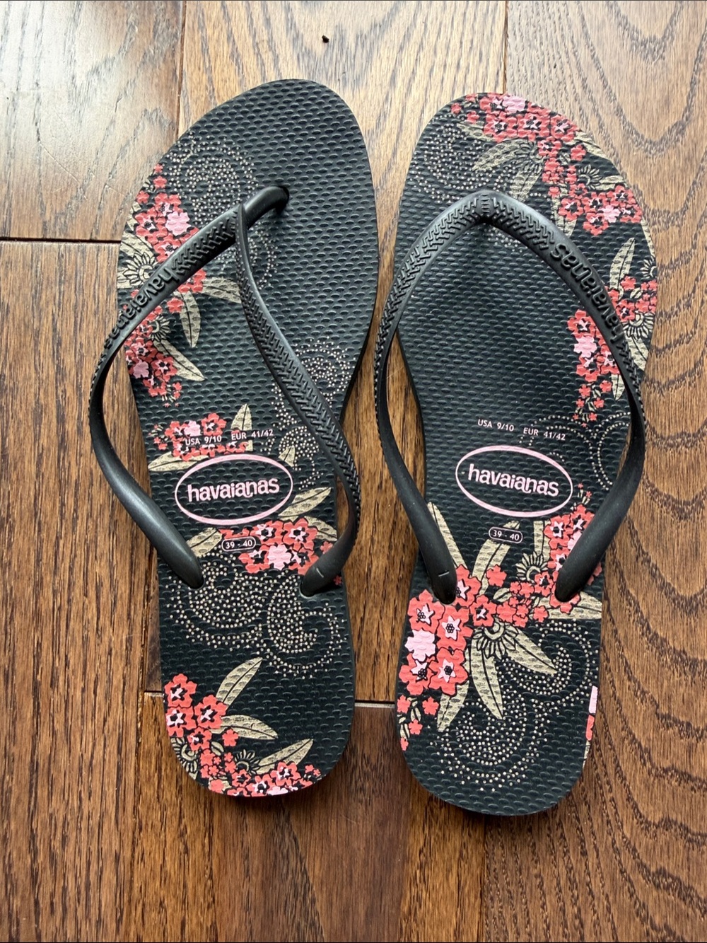 Havaianas Black Flip Flops with Pink Floral Design